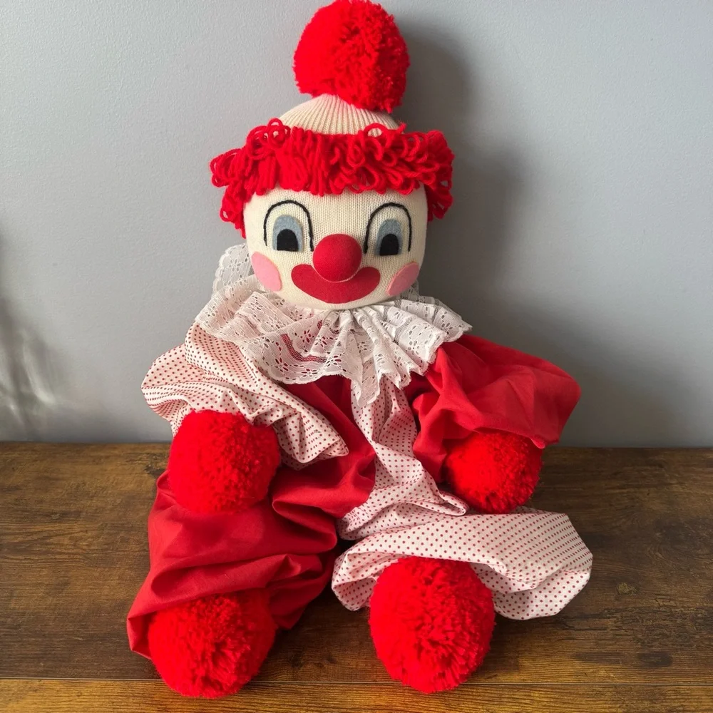 Vintage Large 26‎ Inch Cloth Clown Doll Red White Polka Dot Lace Yarn Hair